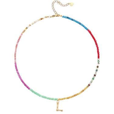 Imagem de MEVOME Colar feminino com contas com inicial de pedras, semipreciosas, boho, pedra semipreciosa, banhado a ouro 18 K, arco-íris, colorido, moderno, alfabeto, gargantilha delicada, joia feminina para