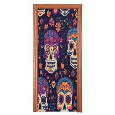 Imagem de Wassud Capa de porta mexicana caveiras de açúcar decorações de porta de Halloween faixa interna externa decoração de casa grande decoração de porta da frente 89 cm x 200 cm