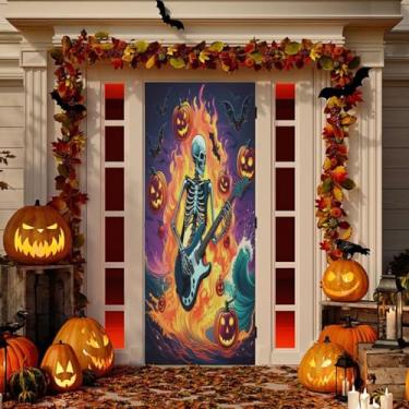 Imagem de Wassud Esqueleto tocando guitarra porta decoração exterior banner interior varanda casa decoração grande porta da frente 96 x 98 polegadas