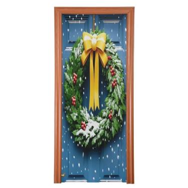 Imagem de Qilmy Decoração de porta de guirlanda de Natal 81 x 200 cm tecido grande para decoração de festas de fim de ano placa para porta da frente varanda decoração externa janela parede 456