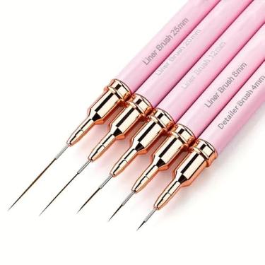 Imagem de Conjunto de 5 pincéis profissionais rosa para arte de unhas, cerdas de fibra ultrafina, ferramentas de manicure versáteis para linhas longas, detalhes finos, desenho fino, pincel de delineador