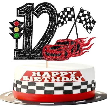 Imagem de 1 pacote de topo de bolo de carro de corrida 12º aniversário glitter semáforo carro de corrida bandeira xadrez palheta de bolo para tema de corrida chá de bebê meninos meninas 12 anos decoração de