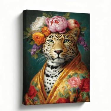 Imagem de Arte de parede de retrato de animal, tela de retrato real de leopardo floral, pintura de fantasia botânica renascentista, decoração de selva boho colorida para quarto e sala de estar, presente para
