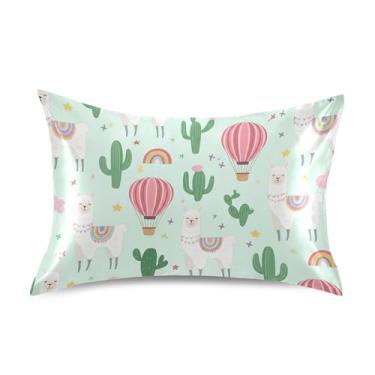 Imagem de Fronhas de cetim verde cacto desenho animado lhamas estampa fofa refrescante padrão king queen fronhas capas de travesseiros sonolentos tamanho king 101,6 cm x 50,8 cm