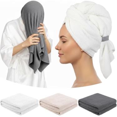 Imagem de Breling Pacote com 3 toalhas de cabelo cinza de microfibra grande 61 x 96 cm turbante absorvente de secagem rápida para mulheres e homens chuveiro de cabelo cacheado