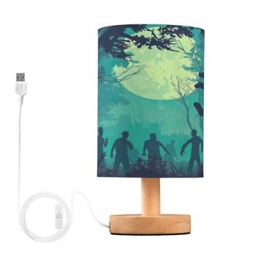 Imagem de Joisal Abajur de mesa com silhuetas de zumbi na floresta para quarto com porta USB, luminária redonda