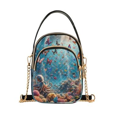 Imagem de Bolsas transversais retrô de lua e sol para mulheres, bolsas femininas modernas bolsas de ombro pequenas para mulheres, Butterflies Under Sea World, 15*21*8cm