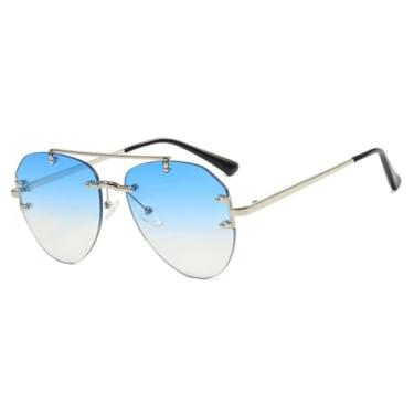 Imagem de HCPIHF Óculos de sol femininos sem aro com ponte dupla de metal e haste de metal, moda masculina para dirigir ao ar livre, UV400 (prata azul)