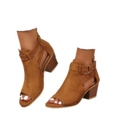 Imagem de ZBYY Sandália feminina peep toe tornozelo salto grosso recorte traseiro zíper sandália camurça lateral tira tornozelo vestido sandálias, Marrom, 37