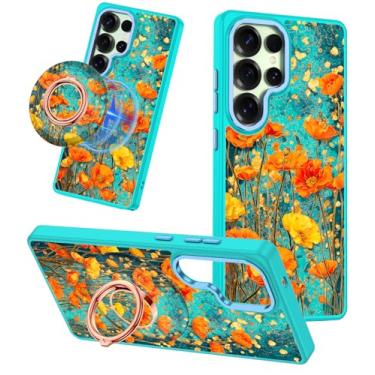 Imagem de Meshine Capa para Galaxy S25 Ultra, compatível com MagSafe, suporte magnético de rotação de 360°, fosco com flores fofas para mulheres e meninas, capa de moda engraçada para Samsung Galaxy S25 Ultra