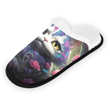Imagem de Joisal Pantufas femininas com várias pernas em um mapa antigo, sapatos de casa, chinelos de viagem portáteis masculinos com bolsa de armazenamento, Floral colorido e gato, 5-8 US Women/5-8 US Men