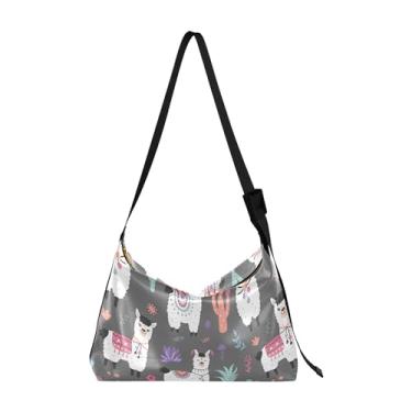 Imagem de Bolsa tiracolo feminina com estampa de animal fofa, bolsa tiracolo Hobo grande, bolsa de ombro com estampa de animal, Lhama de desenho animado cinza alpaca
