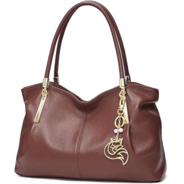 Imagem de FOXLOVER Bolsa feminina de couro de vaca com alça superior de grande capacidade, bolsa de ombro, fecho de zíper com pingente de metal, Cor do café
