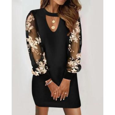 Imagem de Vestido Mini Vintage Feminino Sólido Com Decote Em V E Manga 3/4 Em Al