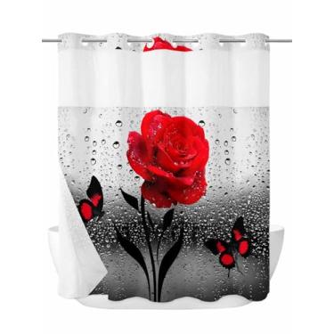 Imagem de BOSIJOY Cortina de chuveiro sem gancho com conjunto de forro de encaixe, cortinas de chuveiro de tecido à prova d'água rosa vermelha para dia dos namorados, flores românticas, borboletas, cortina de