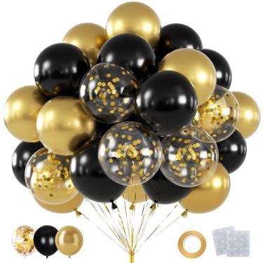 Imagem de 60 balões pretos e dourados, balões de confetes pretos e dourados de 30,5 cm para formatura de 2026, aniversários, decorações de festa de ano novo