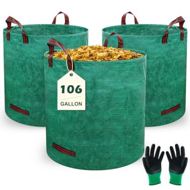 Imagem de Sacos de gramado e folhas, sacos de lixo reutilizáveis com luvas de jardinagem, sacos de jardim resistentes com 4 alças para cuidados com o gramado, acampamento e reciclagem (pacote com 3)