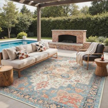 Imagem de GENIMO Tapete para área externa e interna, 20 x 25 cm, impermeável, não cai, fácil de limpar, tapete boho para pátio, sala de estar, varanda, sala de jantar, trailer, deck, quarto, acampamento