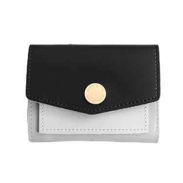 Imagem de Carteira feminina de couro genuíno com dobra dupla/tripla - Suporte minimalista para cartão de crédito com bloqueio de RFID e bolso para moedas, Preto, Casual