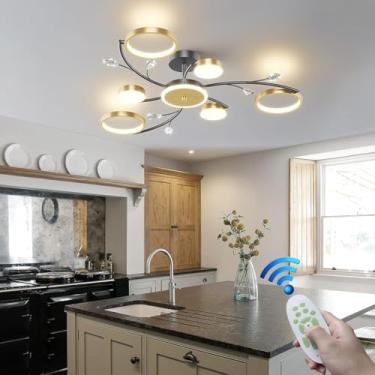 Imagem de Luminária de teto retrô LED em formato de flor, luminária de cristal decorativa, luminária de teto dimerizável, lustre medieval de metal preto para sala de estar, sala de jantar, quarto e co