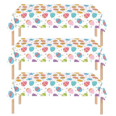 Imagem de Merriva 3 peças de toalha de mesa de plástico para ovos de Páscoa 137 x 272 cm, capas de mesa retangulares descartáveis com ovos coloridos e design de flores para piquenique de primavera, caça aos