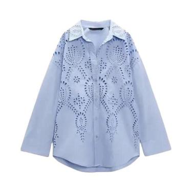 Imagem de Camisa Feminina Casual De Verão Com Manga Longa, Bordado Vazado, Gola 