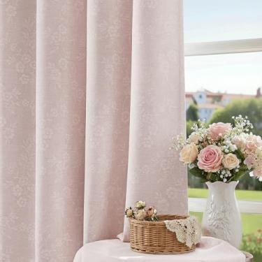 Imagem de Beauoop Cortinas blackout jacquard floral rosa 213 cm de comprimento, 2 painéis para sala de estar, quarto, chenille, sala de flores, escurecimento térmico, isolamento térmico, ilhós à prova de som