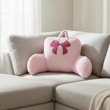 Imagem de Travesseiro de encosto de laço, almofada de leitura com design de laço rosa – Almofada de tecido de pelúcia macia com apoios de braços para cama, sofá, dormitório ou lounge – Almofada de apoio para