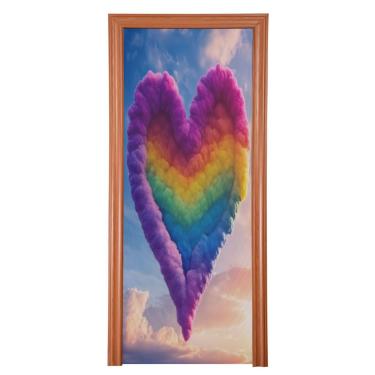 Imagem de ATTX Capa de porta da frente coração arco-íris dos namorados - decoração de férias de tecido elástico lavável para festas, casa, decoração de porta da frente, 91 x 98 cm (254)