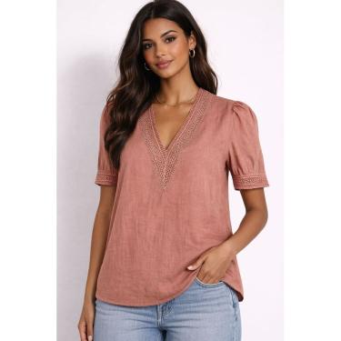 Imagem de Blusa Feminina Decote V com Renda Manga Curta