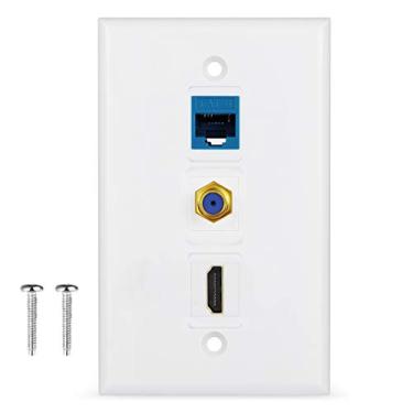 Imagem de Placa de parede de 3 portas com cabo coaxial de TV tipo F + Ethernet Cat6 + conector HDMI Keystone fêmea para fêmea em branco..