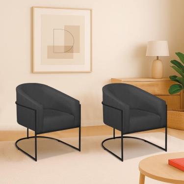 Imagem de Kit 2 Poltronas Decorativa Jade Moderno Escritório Confortável Luxo Base De Ferro Preto Linho Cor Cinza Escuro