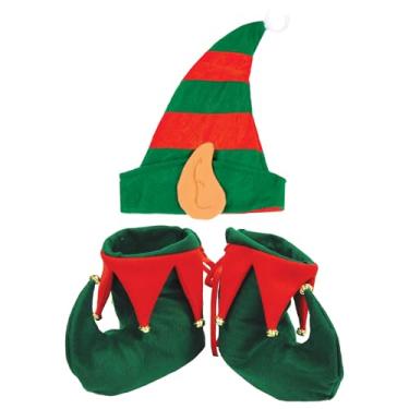 Imagem de Beistle Conjunto de acessórios de fantasia de elfo – botas de elfo de feltro com sinos e chapéu listrado com orelhas, acessórios festivos para festas de Natal, eventos teatrais e celebrações sazonais