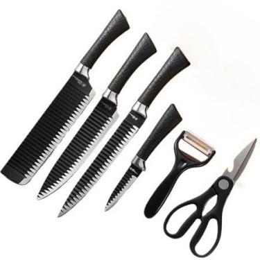 Imagem de Kit de 6 Peças de Facas Profissional - Aço Carbono para Carne, Legumes, Cutelo, Descascador e Tesoura, Conjunto Completo da Cozinha (preto)