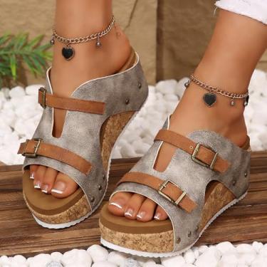 Imagem de Sandálias femininas com design de fivela em dois tons, salto plataforma de cortiça, sandálias de dedo aberto confortáveis para uso diário casual no verão, Cinza, 39