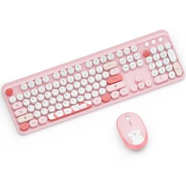 Imagem de Teclado sem fio, teclado Kootop fofo colorido de 104 teclas de máquina de escrever retrô para PC, laptop, desktop, Windows, teclado doméstico e de escritório (rosa)