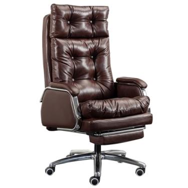Imagem de SGeneE Cadeira de escritório executiva, cadeira de couro genuíno para escritório em casa, cadeira de trabalho ergonômica giratória com encosto ajustável e apoio para os pés retrátil (marrom tamanho