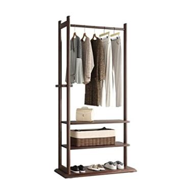 Imagem de SLGGPJBU Cabideiro de chão com economia de espaço para roupas pesadas, suporte de madeira com camadas, sapateira, prateleiras de armazenamento para roupas, sapatos, chapéus, bolsas, suporte de roupas
