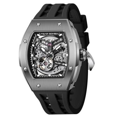 Imagem de TSAR BOMBA Relógio masculino automático Tonneau luxo esqueleto edição titânio relógio para homens 50 m à prova d'água com pulseira FKM TB8228T-cinza preto