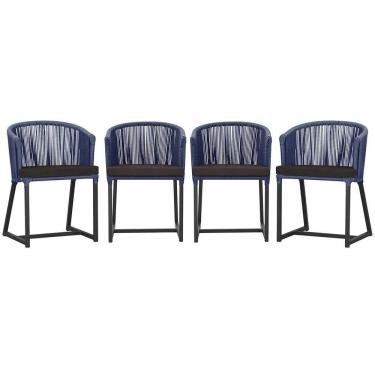 Imagem de 4 Cadeiras De Jantar Noronha Preta Corda Náutica E9 Trama Azul