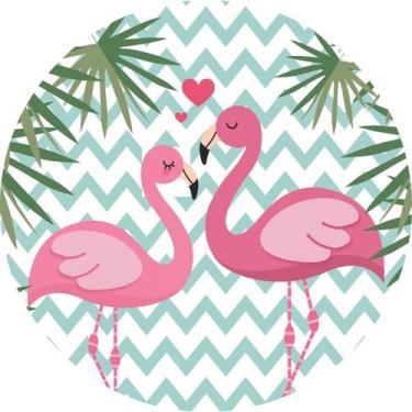 Imagem de Painel De Lona Redondo Flamingos Chevron Azul Claro - Fabrika De Festa