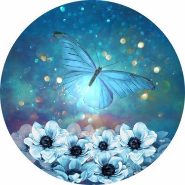 Imagem de Painel de Tecido Sublimado Redondo Borboleta Azul Jardim Brilho Dourad
