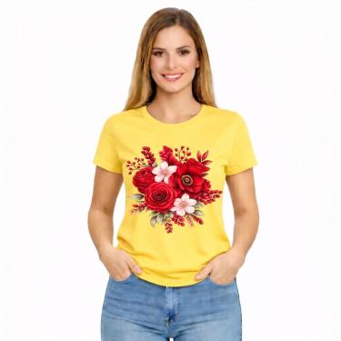 Imagem de Camiseta Feminina Estampada Rosa Flores Vermelhas Premium-Feminino