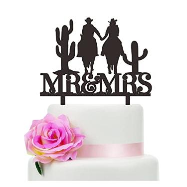Imagem de Topo de bolo de casamento Mr and Mrs - Noivo e Noiva andando de cavalo - tema ocidental engraçado de casamento/aniversário/chá de noiva, topo de bolo de casamento engraçado (cacto e cavalo)