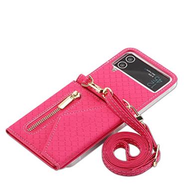 Imagem de Capa de celular tiracolo para Samsung Galaxy Z Flip 4 5G Flip4 Geométrico Compartimento para Cartões de Crédito Capa Traseira de Couro com Cordão, Rosa, Para Galaxy Z Flip4 5G