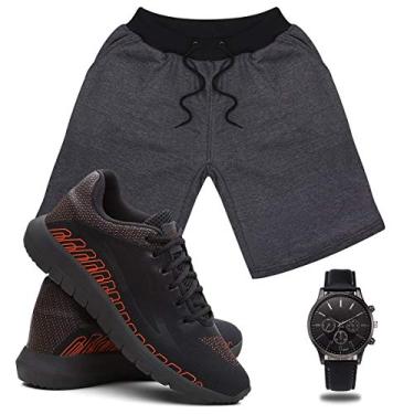 Imagem de Kit Bermuda Masculina Moletom + Tenis Masculino SPEED Conforto + Relógio - Grafite/GG - PretoVermelho/37