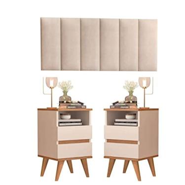 Imagem de Conjunto Mesas De Cabeceira Retrô Pés Palito 2 Gavetas e 1 Nicho com Cabeceira - Pop - Off White/feijó