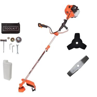 Imagem de Roçadeira Profissional 65CC Gasolina, Motor 2 Tempos 3HP, Disco de 2 Pontas, Lâmina Facão, Kit de Manutenção Rápida, Uso Contínuo, Profissional e Doméstico