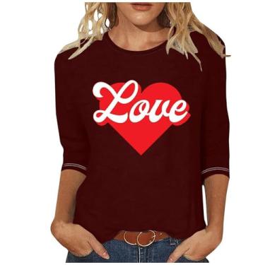 Imagem de Camisetas femininas com estampa de coração de três quartos para meninas e mulheres Cruise Cute Spring Tops para mulheres, Blusas femininas manga 3/4 vinho, GG