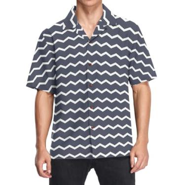 Imagem de CHIFIGNO Camisas havaianas masculinas folgadas estampadas com botões camisas casuais manga curta tropical férias camisetas de praia, Ondas do mar, azul-marinho, XXG